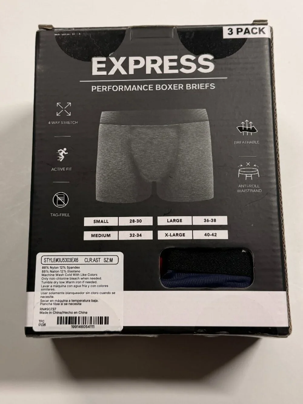 NWT Express Perfomance Microfiber Boxer Briefs - Medium - Multi Colors - 3 Pack